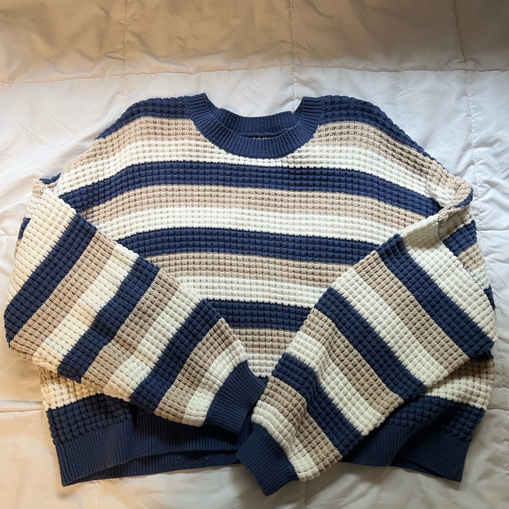 Hollister Blue and Cream Crewneck Sweater with Nautical Stripes